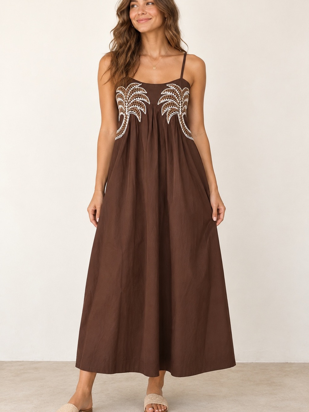 Sim & Sam Palm Tree Embroidered Cotton Midi Dress Brown Size S
